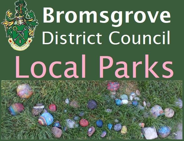 Local parks page title Bromsgrove creast and an image of 25 or so colourfully painted stones 