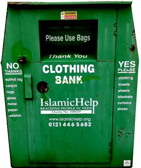 image of a green metal clothing donation bank