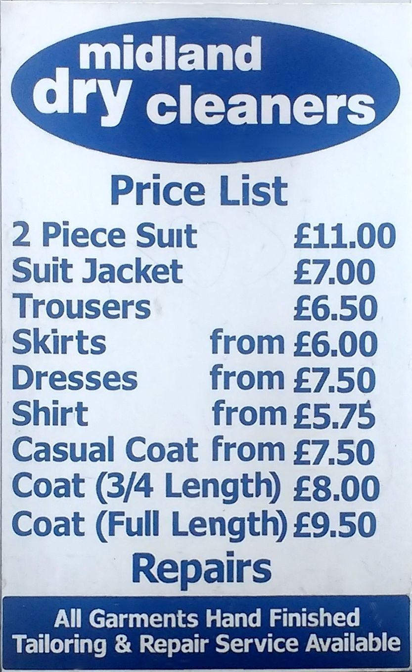Poster for midland dry cleaners with prices per garment type 