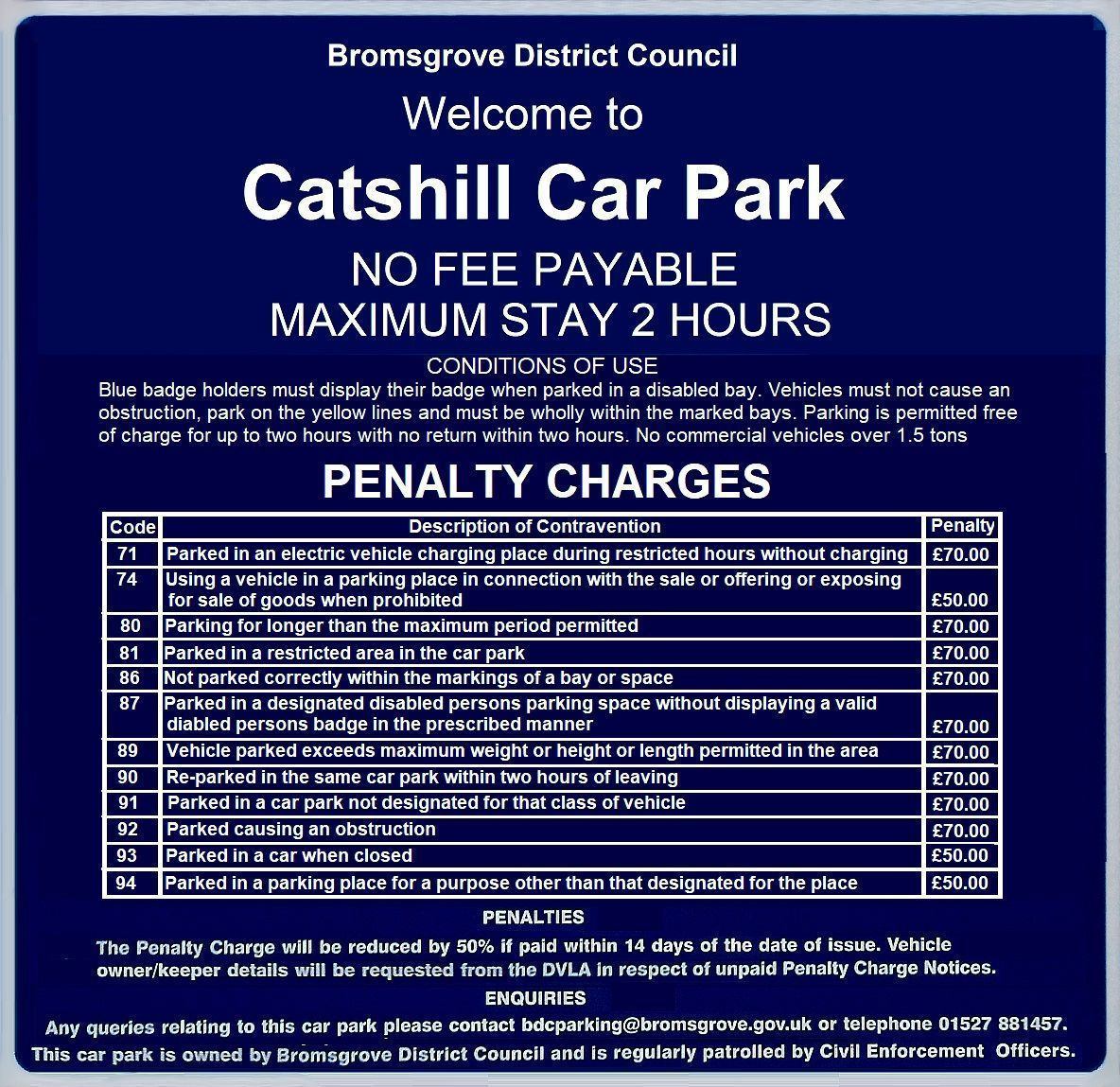 photo of the Catshiill car park sign, with conditions and penalty charges