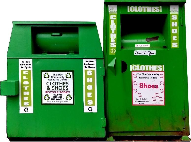 image of two green metal clothing and shoes donation banks