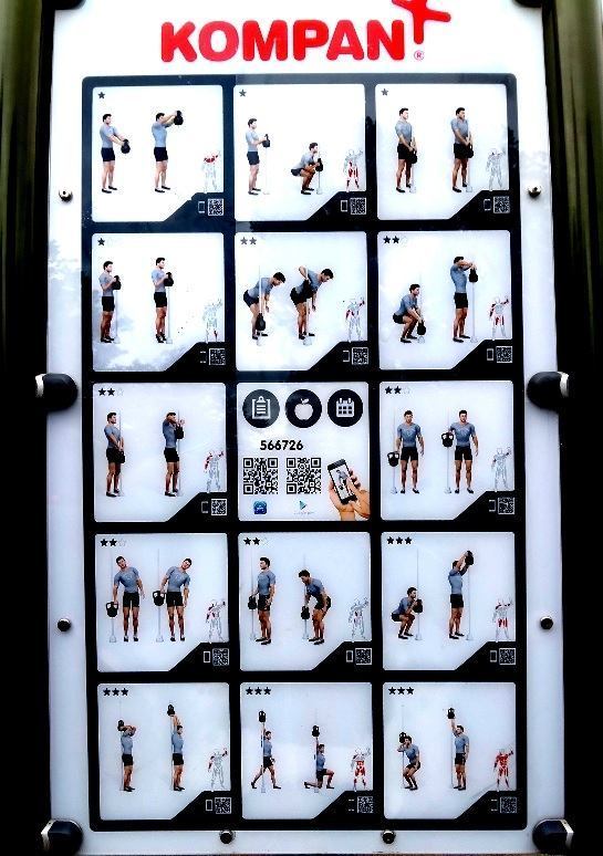 Plate with 15 small images depicting different uses of the KOMPAN gym equipment used at Sanders park